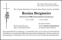 Traueranzeige Rosina Bergmeier