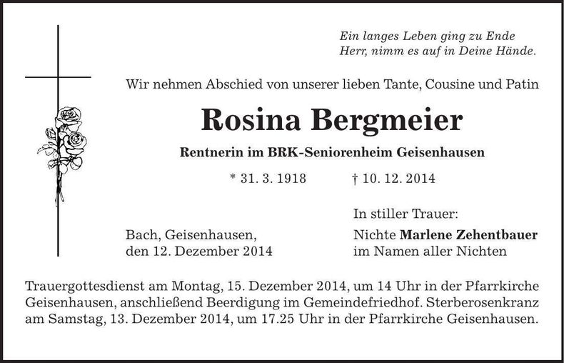 Traueranzeige Rosina Bergmeier