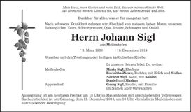 Traueranzeige Johann Sigl