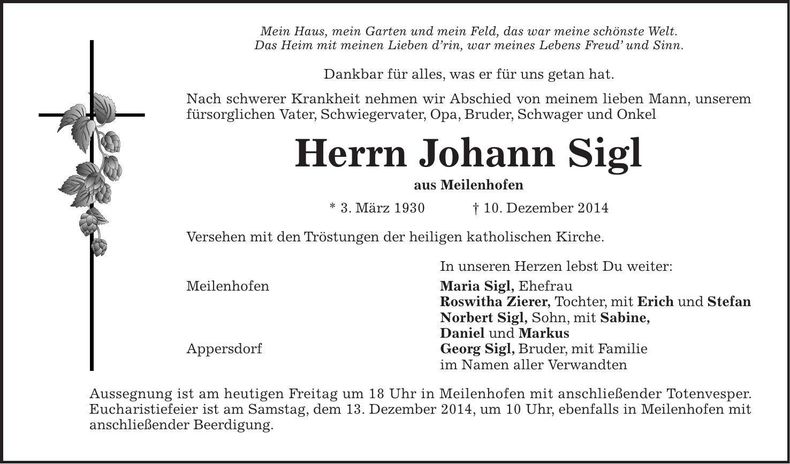 Traueranzeige Johann Sigl