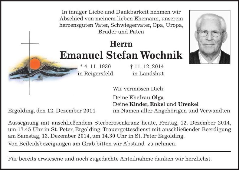 Traueranzeige Emanuel Stefan Wochnik