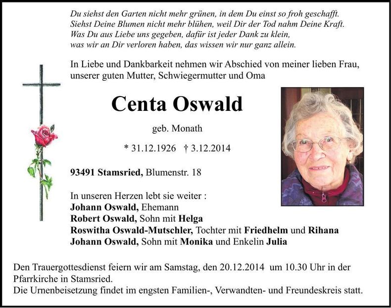 Traueranzeige Kreszenz Oswald