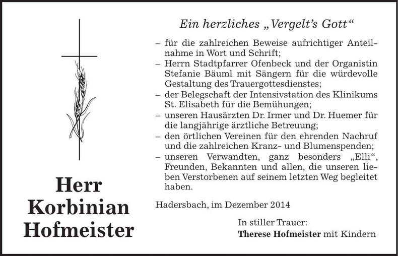 Traueranzeige Korbinian Hofmeister