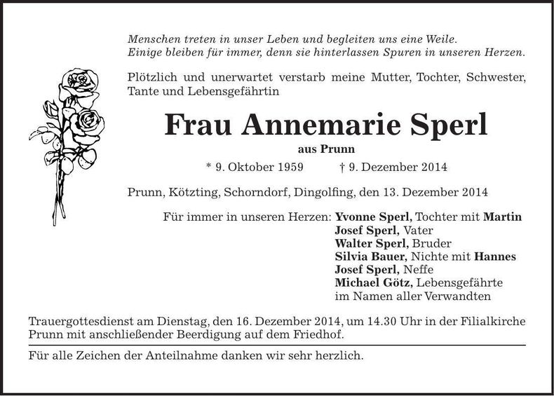 Traueranzeige Annemarie Sperl