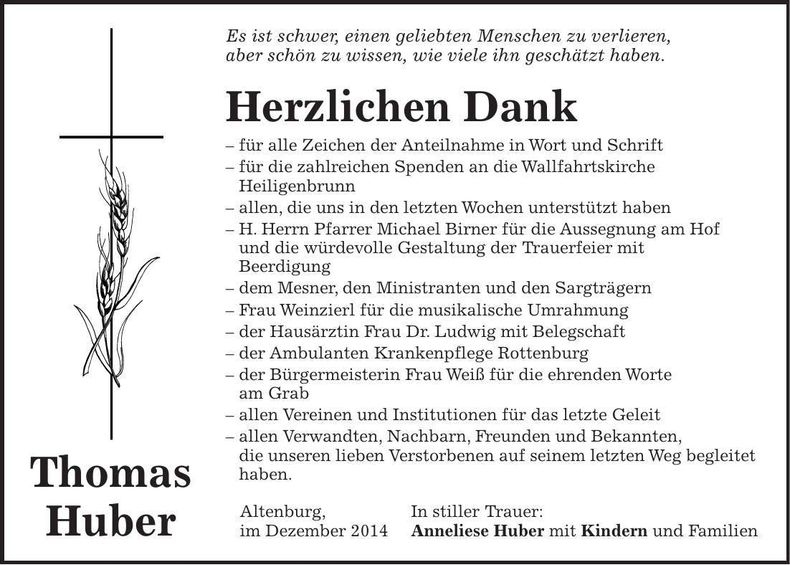 Traueranzeige Thomas Huber