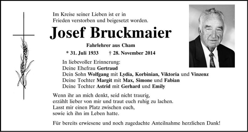 Traueranzeige Josef Bruckmaier