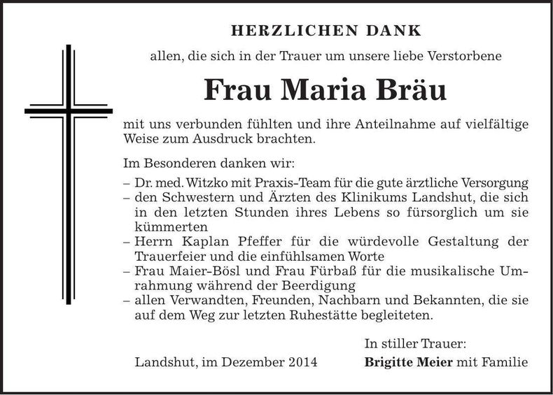 Traueranzeige Maria Bräu