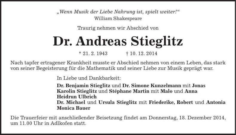 Traueranzeige Dr. Andreas Stieglitz