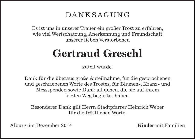 Traueranzeige Gertraud Greschl