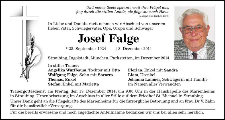 Traueranzeige Josef Falge