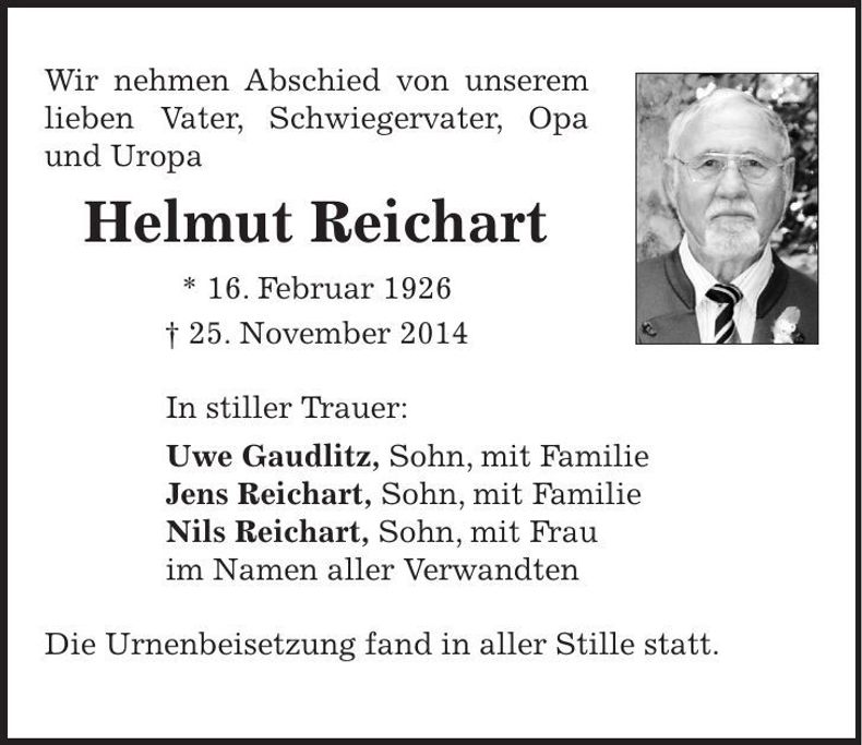 Traueranzeige Helmut Reichart