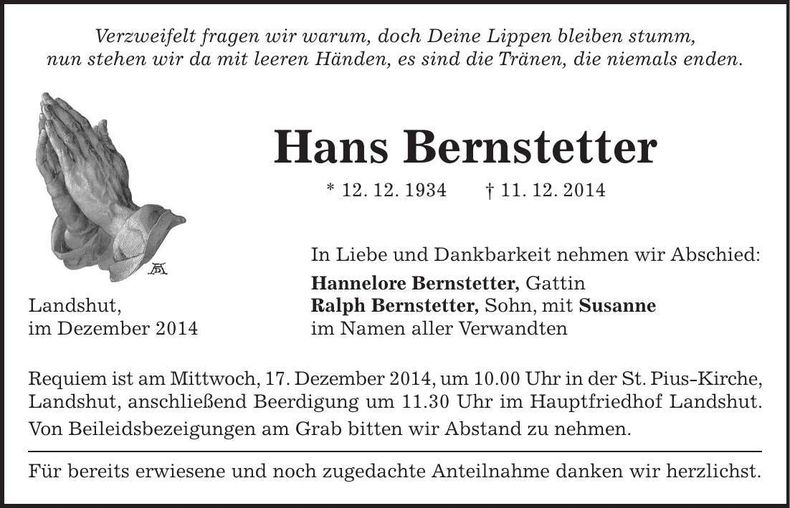 Traueranzeige Hans Bernstetter