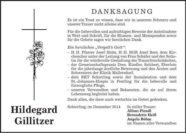 Traueranzeige Hildegard Gillitzer