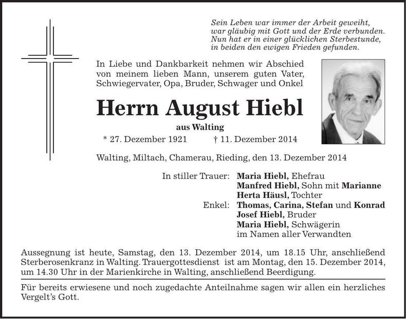 Traueranzeige August Hiebl