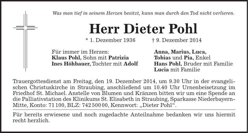 Traueranzeige Dieter Pohl