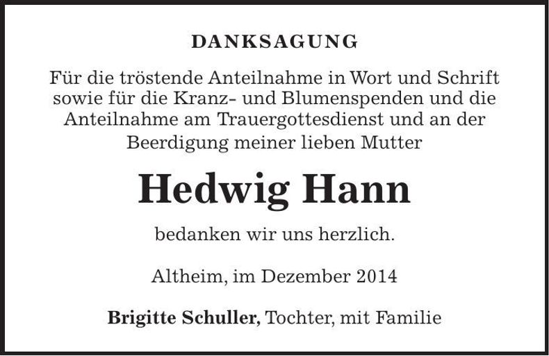 Traueranzeige Hedwig Hann