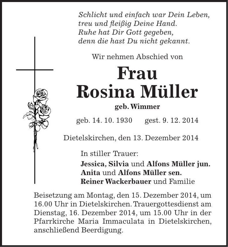 Traueranzeige Rosina Müller
