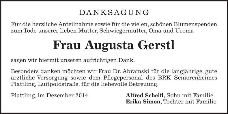 Traueranzeige Augusta Gerstl