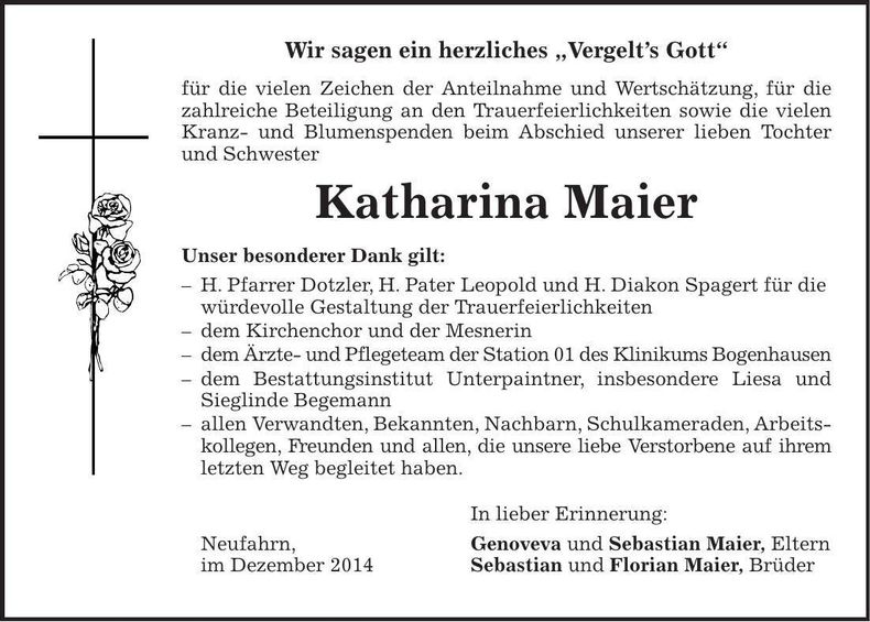 Traueranzeige Katharina Maier