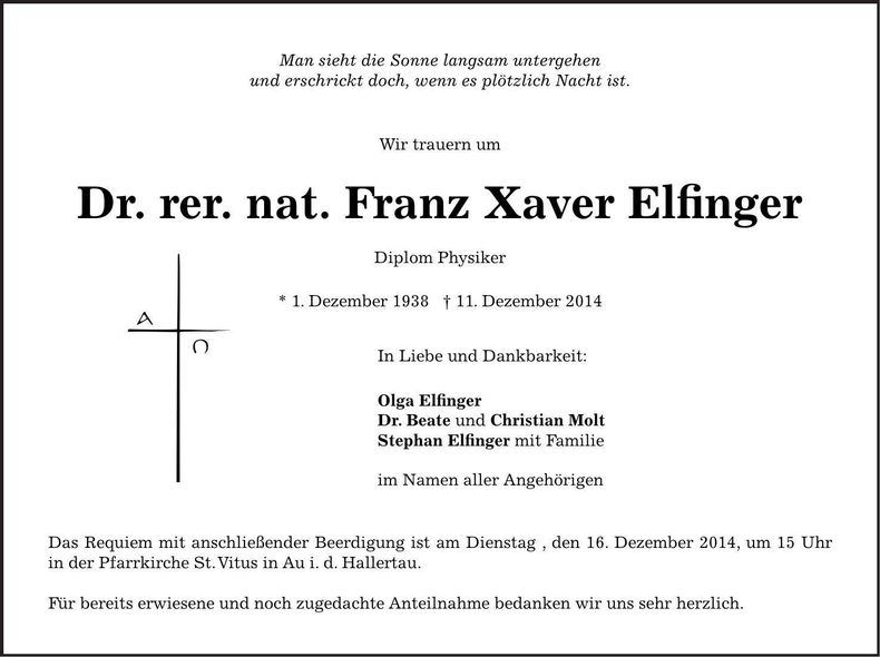 Traueranzeige Franz Xaver Elfinger