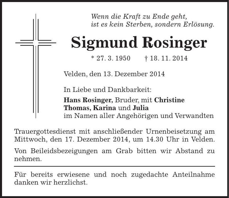 Traueranzeige Sigmund Rosinger