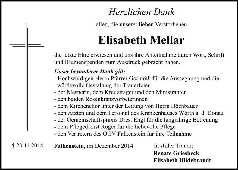 Traueranzeige Elisabeth Mellar