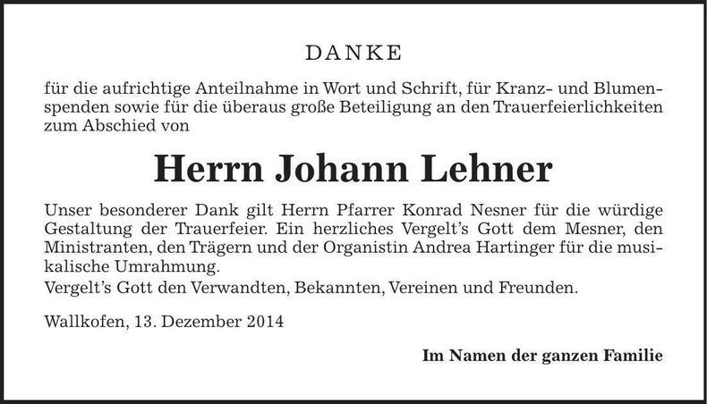 Traueranzeige Johann Lehner