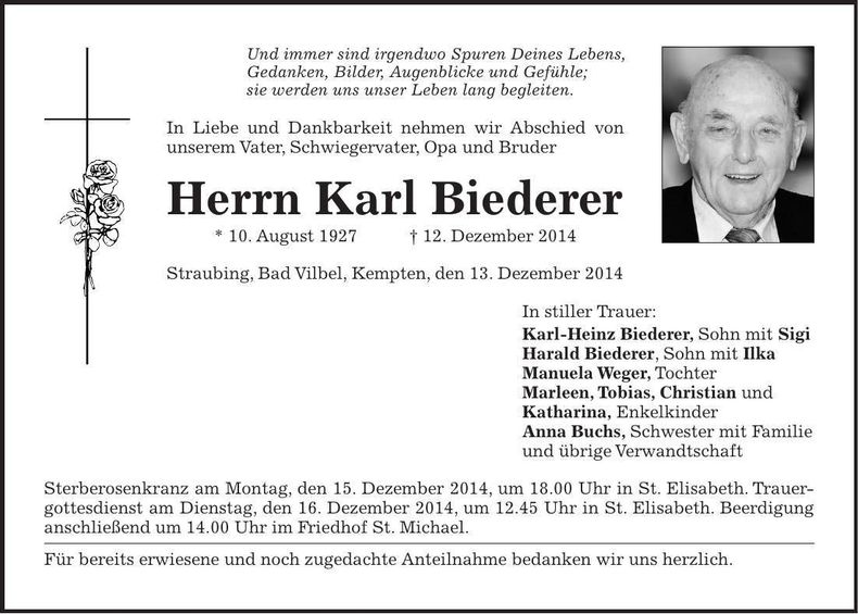 Traueranzeige Karl Biederer