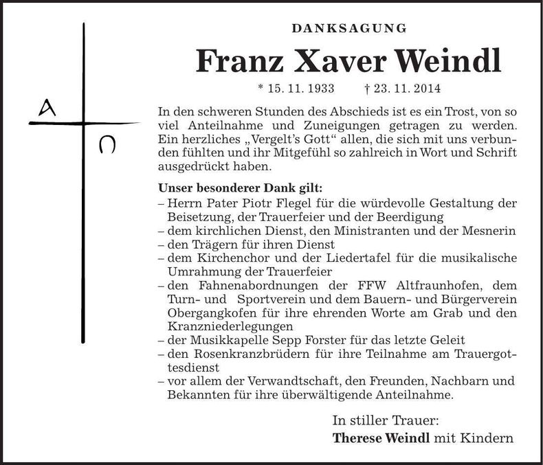 Traueranzeige Franz Xaver Weindl