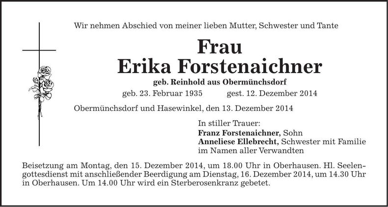 Traueranzeige Erika Forstenaichner