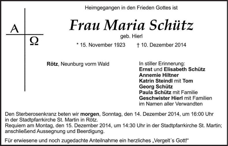 Traueranzeige Maria Schütz