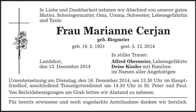 Traueranzeige Marianne Cerjan
