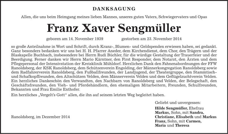 Traueranzeige Franz Xaver Sengmüller