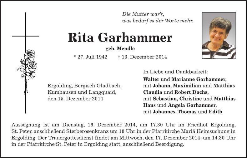 Traueranzeige Rita Garhammer