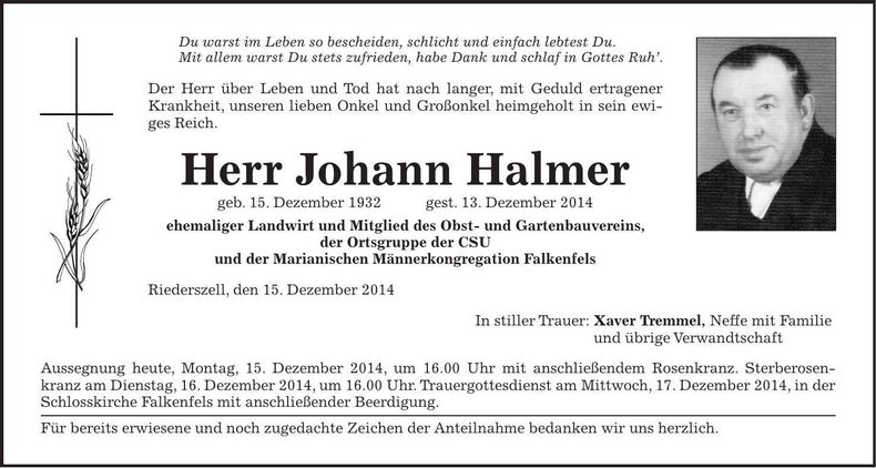Traueranzeige Johann Halmer