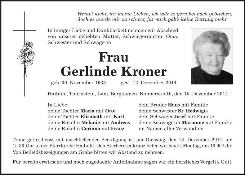 Traueranzeige Gerlinde Kroner