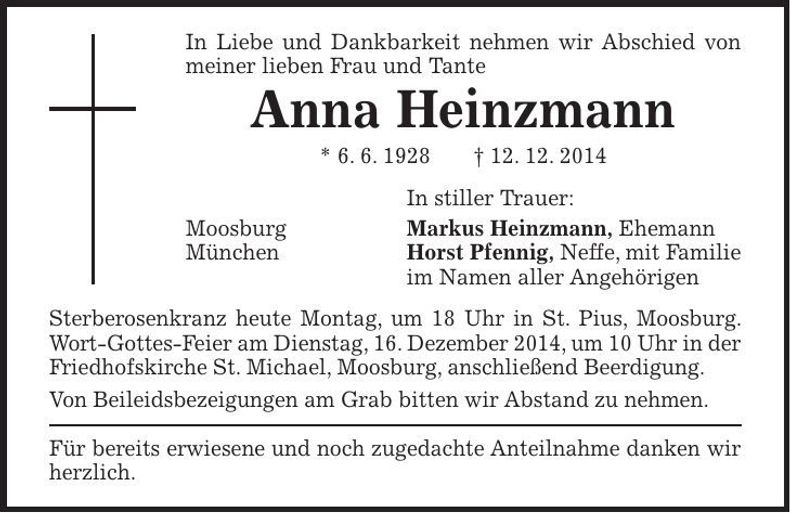 Traueranzeige Anna Heinzmann