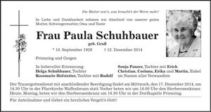 Traueranzeige Paula Schuhbauer