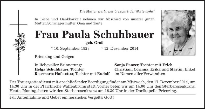 Traueranzeige Paula Schuhbauer