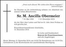 Traueranzeige Sr. M. Ancilla Obermeier