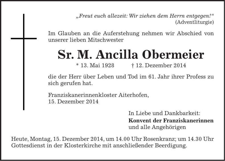 Traueranzeige Sr. M. Ancilla Obermeier