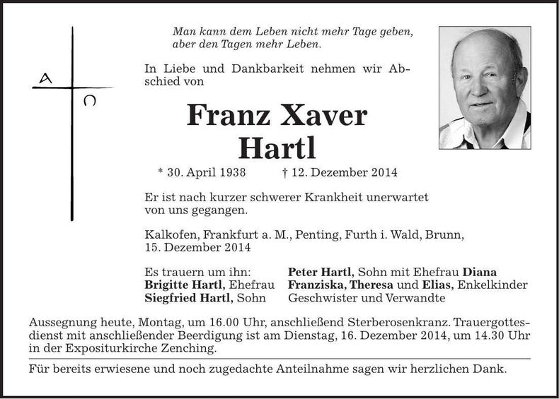 Traueranzeige Franz Xaver Hartl