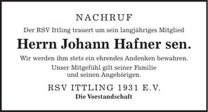 Traueranzeige Johann Hafner