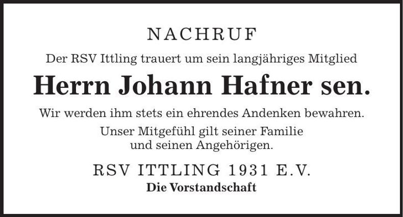 Traueranzeige Johann Hafner