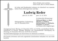 Traueranzeige Ludwig Reder