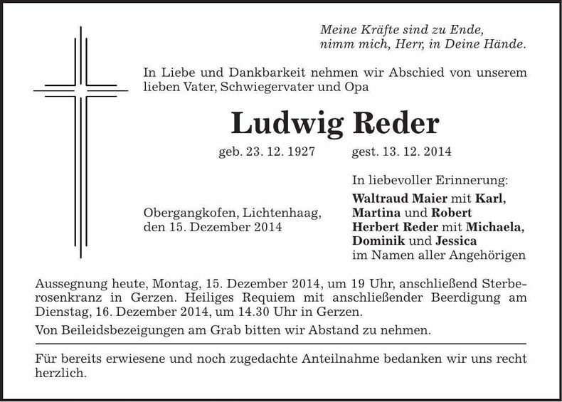 Traueranzeige Ludwig Reder