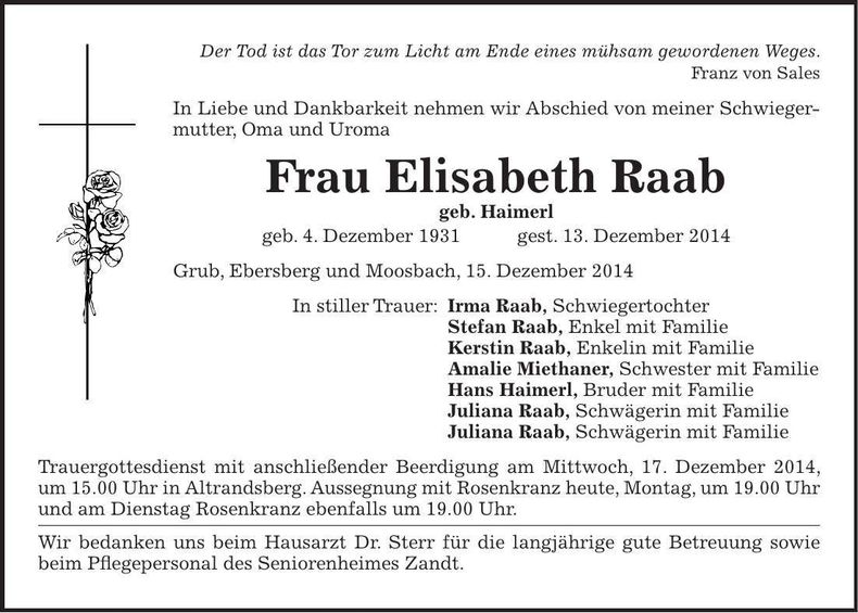 Traueranzeige Elisabeth Raa