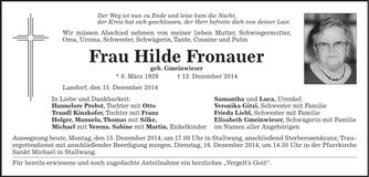 Traueranzeige Hilde Fronauer