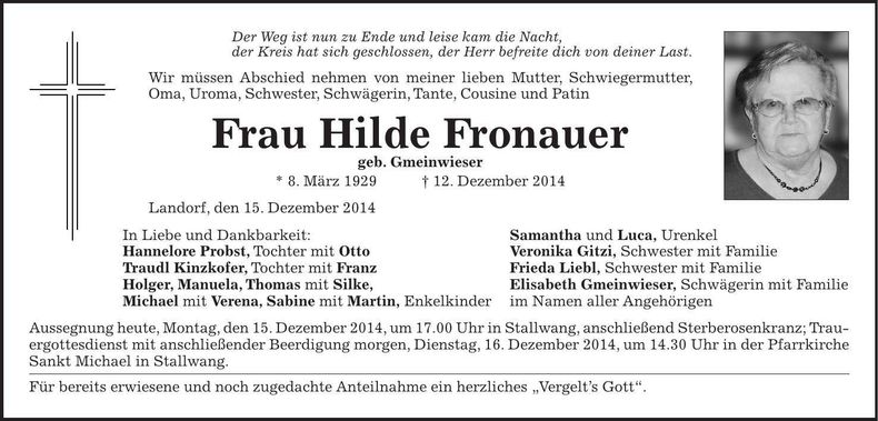 Traueranzeige Hilde Fronauer