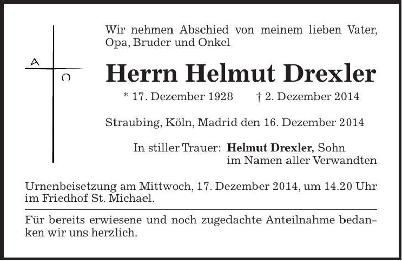 Traueranzeige Helmut Drexler